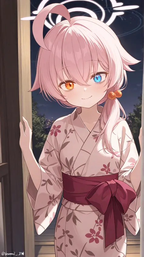 (high quality, ultra-detailed), Blue Archive, Hoshino Takanashi, pink hair, heterochromia of blue (right) and orange (left) eyes, solo, Yukata dress, dark under eyes, lovely, happy, fang, lively eyes, closed mouth, adult female, anatomically correct, small...