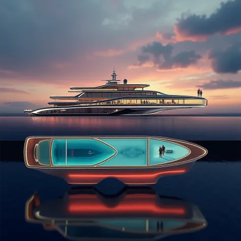 futuristic yacht design, panoramic glass windows, artistic lighting, glass railings, swimming pool, people walking on yacht, yacht at sunset