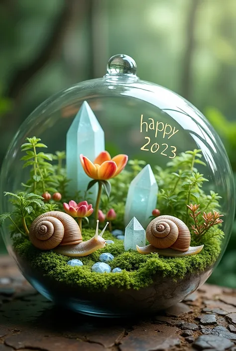 terrarium with plants , Snails and quartz where Happy 2025 is written