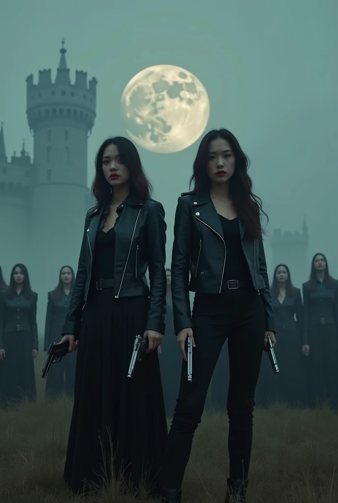 A long shot photography of two Asian women wearing black leather jackets and pants, holding pistols. The women are standing in a foggy field with a full moon in the sky. In the background, there are many vampires with blood-streaked faces. The setting is a...