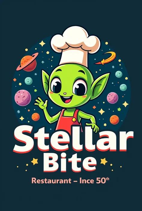 Im seeking a professional logo designer to create a whimsical, outer-space themed logo for my restaurant named "Stellar-Bite".

Design Requirements:
- The logo should incorporate a playful, cartoonish and fun green chef alien mascot.
- The font for the res...