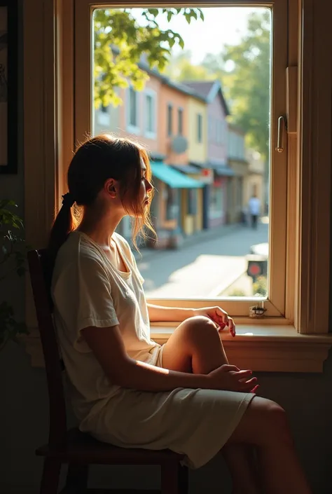 A very clear ultra HD dynamic image of " A young woman, Sophie, sitting by a window in a quaint, cozy house in a small town. She is wearing simple, modest clothes and gazing out at a quiet street lined with small shops and trees. The atmosphere is calm and...