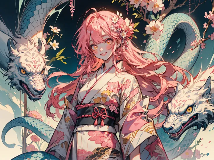 One Girl , high definition , masterpiece,  anatomically correct,  high detail,  textured skin , bangs ,  smile ,  Medium Full Shot ,anime,  digital art , modern, Reality、pink hair,  yellow eyes , long hair, wear kimono, White snake and sakura in the backgr...