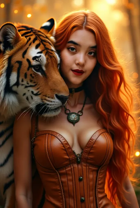 "Create a warm and mystical scene featuring a striking young woman with long, fiery red hair flowing in soft waves, highlighted by delicate freckles on her face. She wears an orange corset-style outfit with intricate leather textures and a choker necklace ...