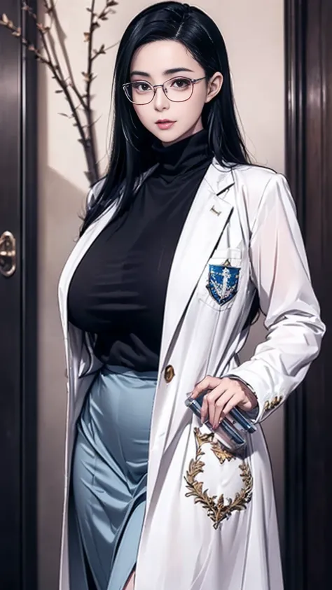 (best quality:2.0), (extremely detailed:2.0), (highly detailed:2.0),(Enoka Toudou, a chemistry teacher at Himeki Girls’ Academy, dressed in a fitted white lab coat over a black turtleneck sweater and tailored charcoal gray pants, working inside a spacious ...