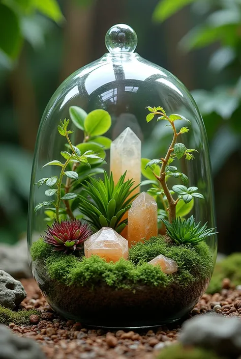  Terrariums with plants, quartz and fossils  