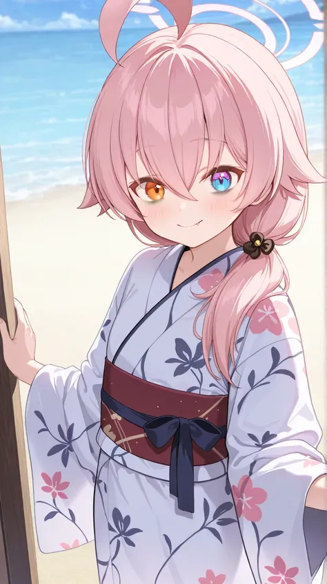 (high quality, ultra-detailed), Blue Archive, Hoshino Takanashi, pink hair, heterochromia of blue (right) and orange (left) eyes, solo, Yukata dress, dark under eyes, lovely, happy, fang, lively eyes, closed mouth, adult female, anatomically correct, small...