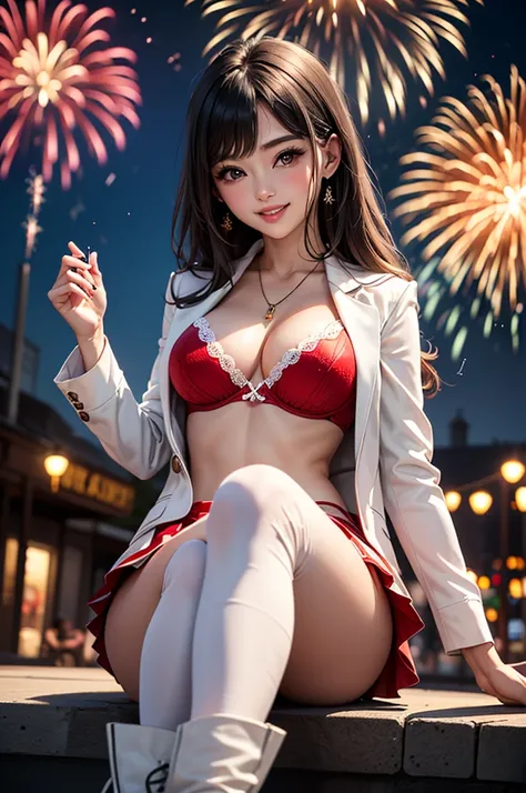 (( A beautiful and sexy woman in the square lots of fireworks )), ((The cutest 22 year old beauty)), open white jacket,  red bra, White skirt,  knee-length white boot , neckline,  charming smile , New Years Eve , It&#39;s night, Fireworks in the background...