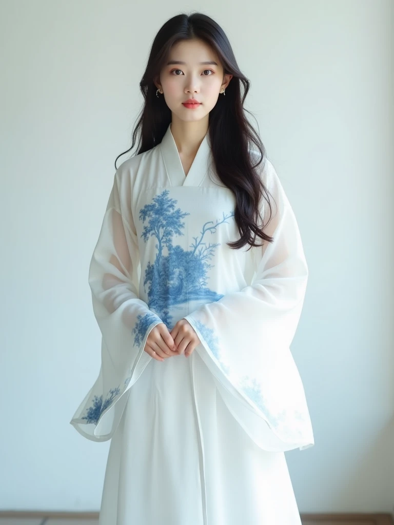 Full body portrait，Standing， faces the audience，A girl around the age of 20，Hairstyle， Full Body ，Improved white Hanfu，Blue and White，translucent silk，earring，loose plain white pants，indoor，White Wall