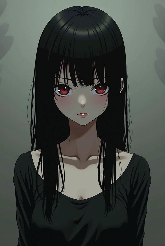 A gorgeous, elegant, noble, non-human woman, with waist-length black hair, crimson eyes, pale skin, delicate features, serious facial expression giving a creepy impression, in anime style.