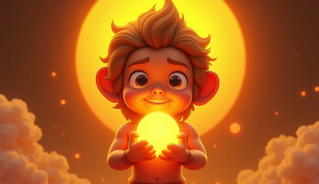 Generate in cinematic 3d cartoon style luma ai Hanuman Holding the Sun in His Hands
A majestic depiction of Hanuman as a  holding the glowing orb of the sun with awe and innocence, illuminating his golden fur.