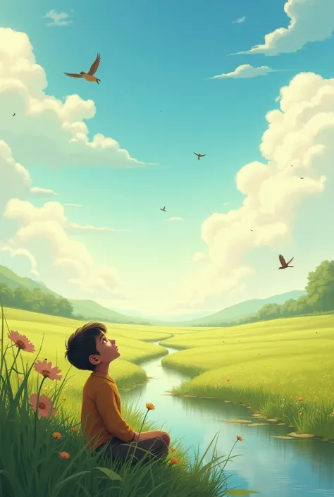 Open field In open field there is a river and a boy is sitting by the river and looking at the sky Bird Tit Bird Babui Bird Sparrow Bird Shalik Bird