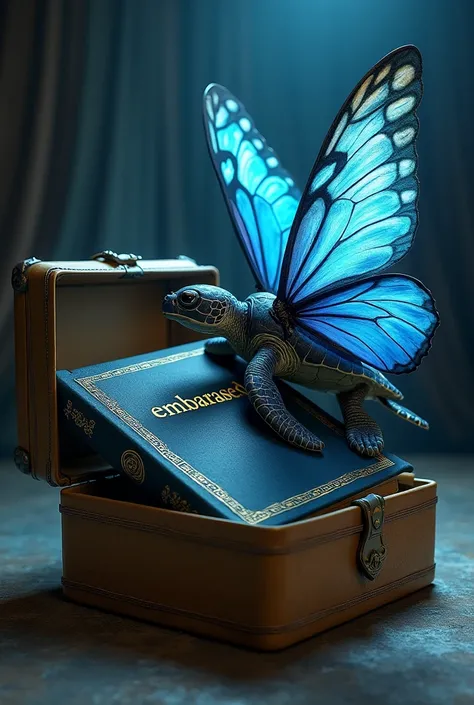 Create an image of a gift box that contains a large book with a simple black leather cover that says on the cover "Embarrassed" in gold letters and in the background a sea turtle that has blue butterfly wings and a single blue butterfly on its side outside...