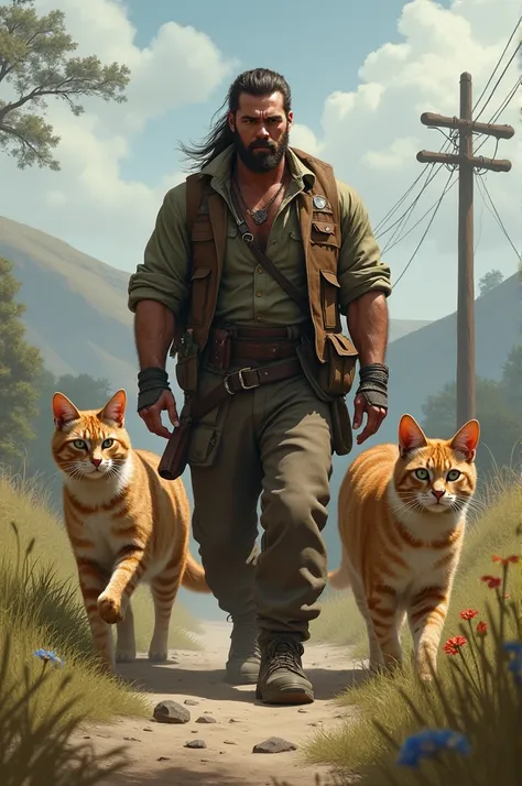 Masculine man travels side by side with cats on the outskirts of town