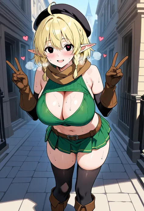 Parisian,1woman,elf,short hair,twin braids,Blonde,(slender),ahoge、empty eyes、black eyes、Big Breasts、tall,brown gloves,black elbow gloves,(black thighhighs)、(black mini beret)、 brown scarf、dark green mini crop top,sleeveless,dark green mini skirt,(brown kne...