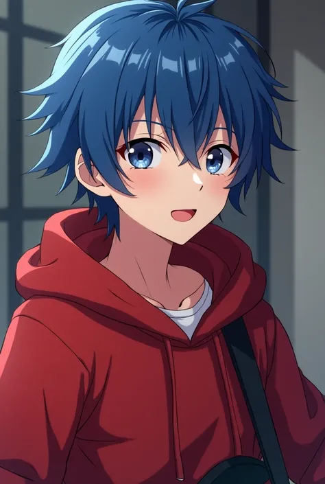 anime boy with blue hair and black eyes in red hoodie, young anime man, anime boy, tall anime guy with blue eyes, anime moe artstyle, anime handsome man, male anime character, official anime still, 2 d anime style, style of ssss.gridman (2018), handsome an...