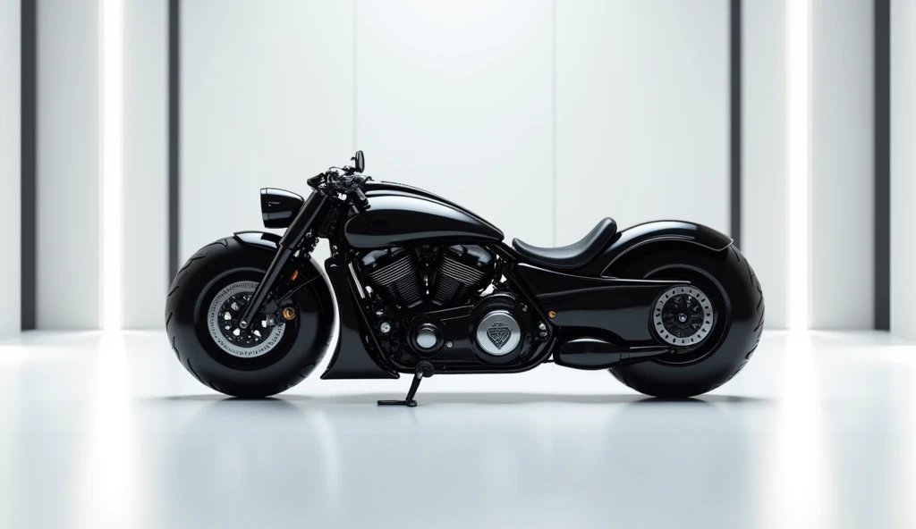 A stunning, futuristic motorbike  ( 2025 Harley Davidson 131) takes center stage in a luxury white showroom. The vibrant (black) exterior gleams, drawing attention to its sleek, aerodynamic design and bold accents. The  (  Harley 131) " is prominently disp...