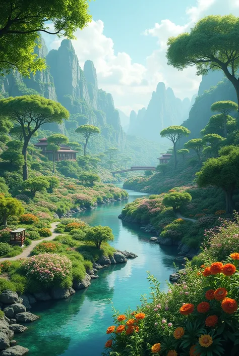 An imaginary picture of gardens under which rivers run