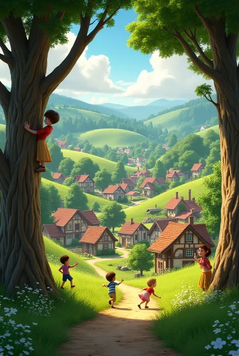 A small town fill with trees and hills many small s trying to climb up the trees and many s climbing hills the camera should be above watching the ground create prompt in 3d animation Pixar 