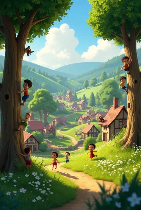 A small town fill with trees and hills many small s trying to climb up the trees and many s climbing hills the camera should be above watching the ground create prompt in 3d animation Pixar 