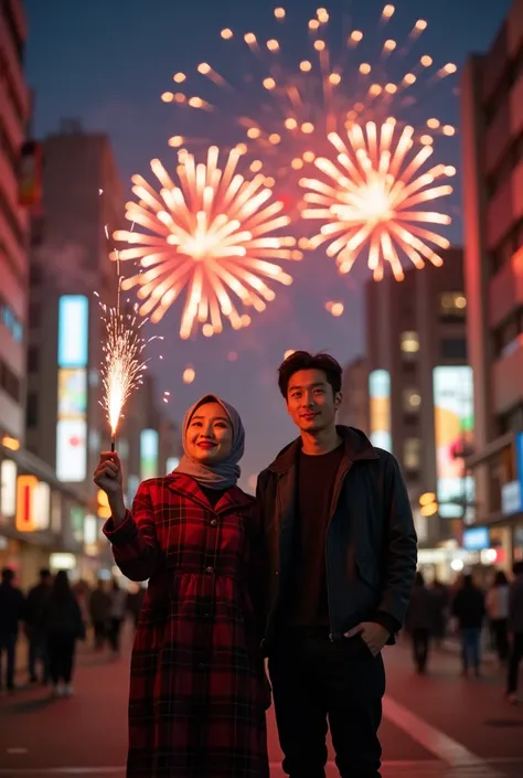  Photo of a Korean woman in a beautiful hijab and a handsome man .  The woman is wearing a thick cotton midi dress with a black red plaid pattern , The black  , and white sneakers . The woman smiles happily looking at the camera while holding a firework . ...