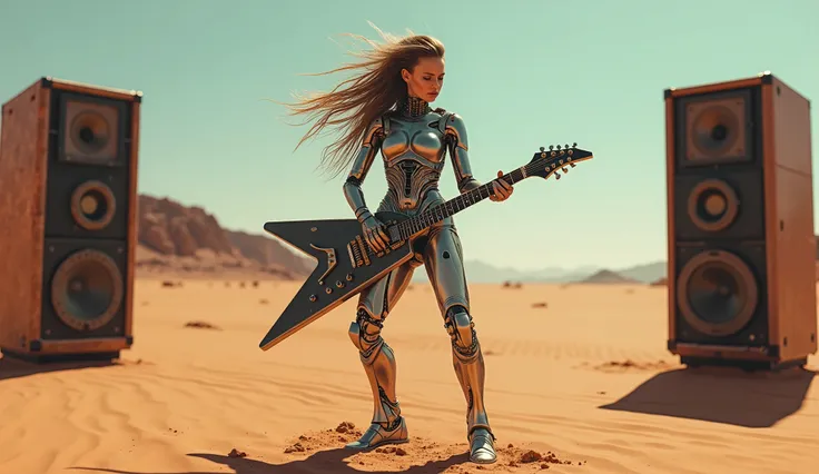 in the desert, cyborg woman playing rock guitar, there are big speakers on each side  , 4K, 8 k,  high definition ,  masterpiece fails:1.2,  super detailed ,  realistic, 
photo realistic, photo- realistic:1.37, HDR, contract,  studio lighting , 
 ultra-fin...