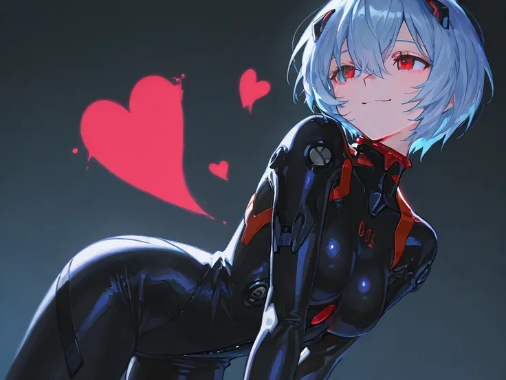   Top Quality   , masterpiece,       748cm style      ,       1 girl,        heart symbol  ,    viewers,  ,smile,,       Neon Genesis Evangelion  、 Rei Ayanami、 Thin blue hair on a slender body、  short hair、  red eyes、Black plug suit   、    spray art、 cute...