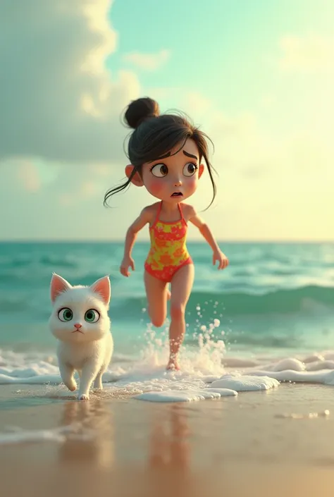 A white cat with green eyes and a girls body in a swimsuit is standing and worried about her cat. Her daughter hears a distant meow. The scene shows her heading towards the horizon, her eyes wide open in anticipation. The sea stretches out before her, with...