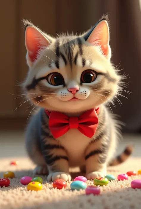 cute male cat with red bow tie pissing on candies 