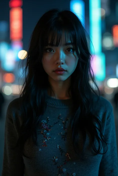  girl with straight and long dark hair,  blue eyes ,  the plump lips ,     a tight embroidered sweater ,  and behind a city in the dark 