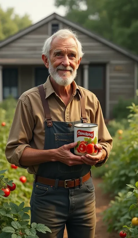 An elderly old man with a can of tomatoes is standing outside his house in the garden, looking at the camera and smiling