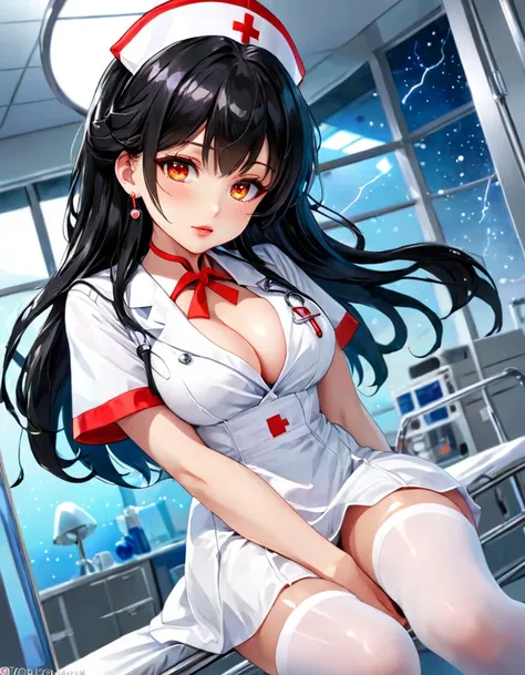 ((kawaii)), cute, (lovely), anime style, hospital, night, a cute girl, 1 girl, alone, beautiful black hair , beautiful red eyes, ((beautiful eyes)), long hair, lip, earrings, cool, thunder effect, nurse, nurse hat, white dress, cleavage, miniskirt, white s...