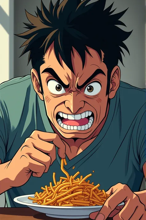 A man eats with a confused and angry face in anime style