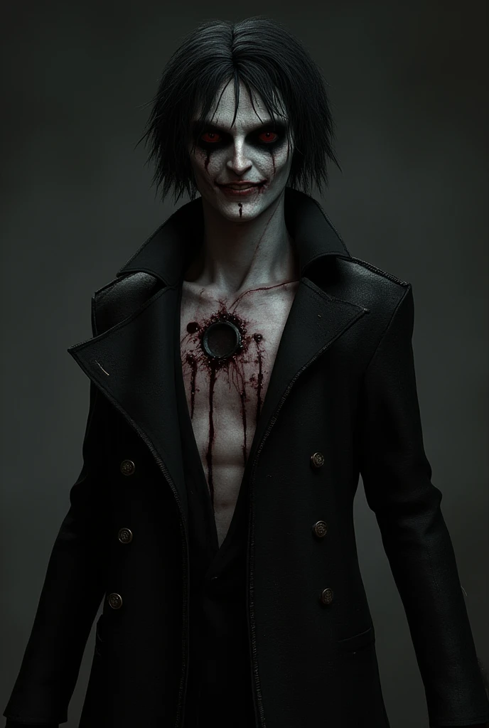 Evil male Glasgow smile black Short messy hair wearing a black ripped trench coat no shirt pale white skin red eyes horror amazing detail realistic 3D real character style extremely detailed background bloody lab girlfriend and boyfriend 