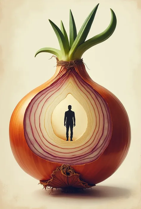 Can you make me a picture of an onion with layers and in the last layer a human  and near the onion can you write this word: Layers, Surface, Deeper, Complexity, Identity, Perception, Assumptions, Understanding