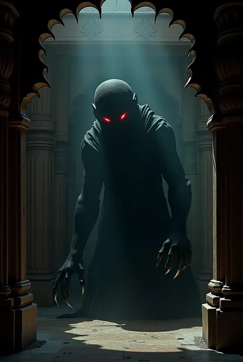 A shadowy figure with glowing red eyes and sharp claws is shown briefly in the dark corners of the haveli.
