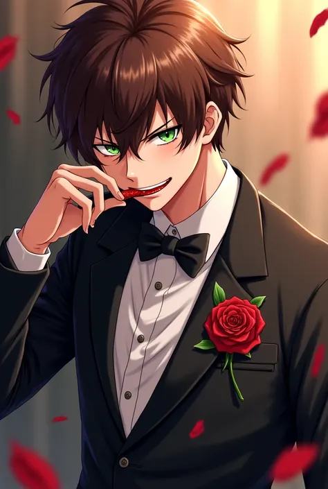  make my anime character who has hair similar to Rin Itoshi from blue lock but brown and messy and with his green eyes emerald, Do his tuxedo with a black rose on his chest and with a crazy smile and dead with the same pose as Satoru Gojo with blood in his...