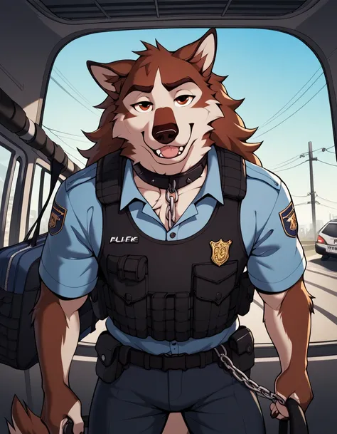  very extra long haired, anthropomorphic, adult, furry, wolf, wearing a heavy police vest,panting, transit station,anthro, black tactical uniform, chain collar, adult furry wolf, wavy hair, long slender snout, sniffing luggage, furry wolf sniffling the lug...