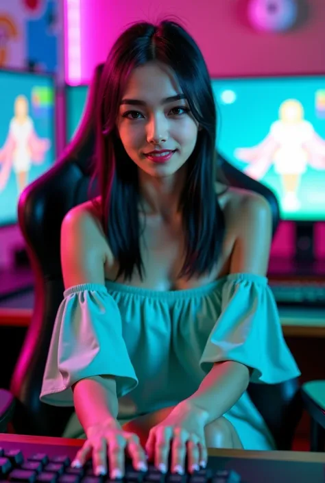 40yo Asian girl, pretty, beautiful, straight black hair, pretty, makeup, gamer girl, esports, computer games, candid style photo, realistic photo, photo realistic effects, In a room bathed in neon lights, a woman sits at her gaming setup. She wears a off o...