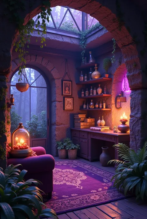 L’intérieur d’une maison de sorcière avec du violet et des potions et de la végétation et de la couleur !très PINTEREST !