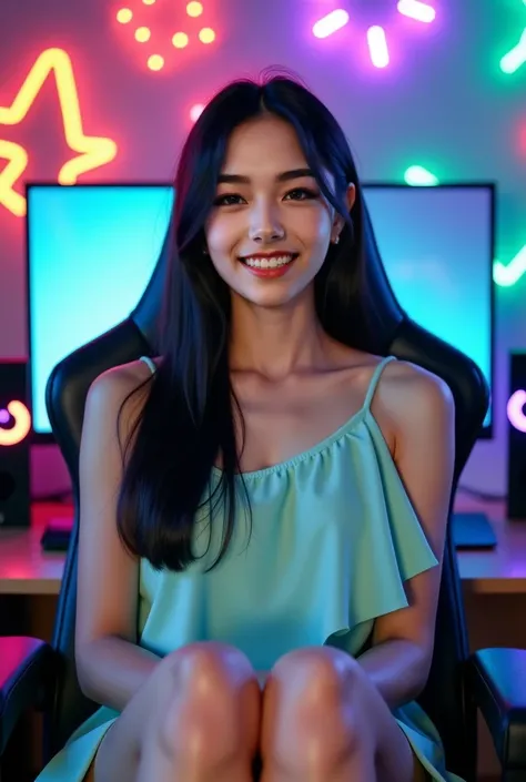 40yo Asian girl, pretty, beautiful, straight black hair, pretty, makeup, gamer girl, esports, computer games, candid style photo, realistic photo, photo realistic effects, In a room bathed in neon lights, a woman sits at her gaming setup. She wears a one s...