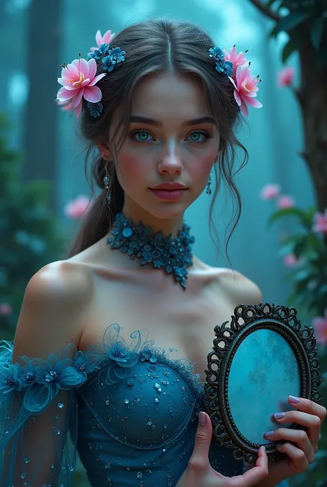 Close up on Valor Deep aquamarine flowers in he hair blue eyed beautiful slavic happy Woman with  Orchid on her neck with the Flowers in her hair whitch wearing weavery Violet fantasy gown made fully from the Deep Purple Orchid petals dress is shading Brow...