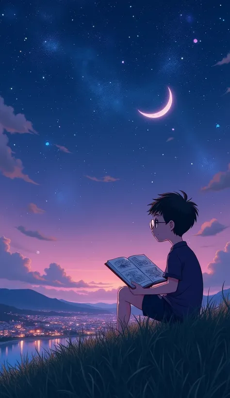 ((high quality)), ((masterpiece)), ((highly detailed)), A serene night sky filled with countless stars, a crescent moon shining softly over a tranquil town below. In the foreground, a young boy resembling Nobita sits on the edge of a grassy hill, his glass...