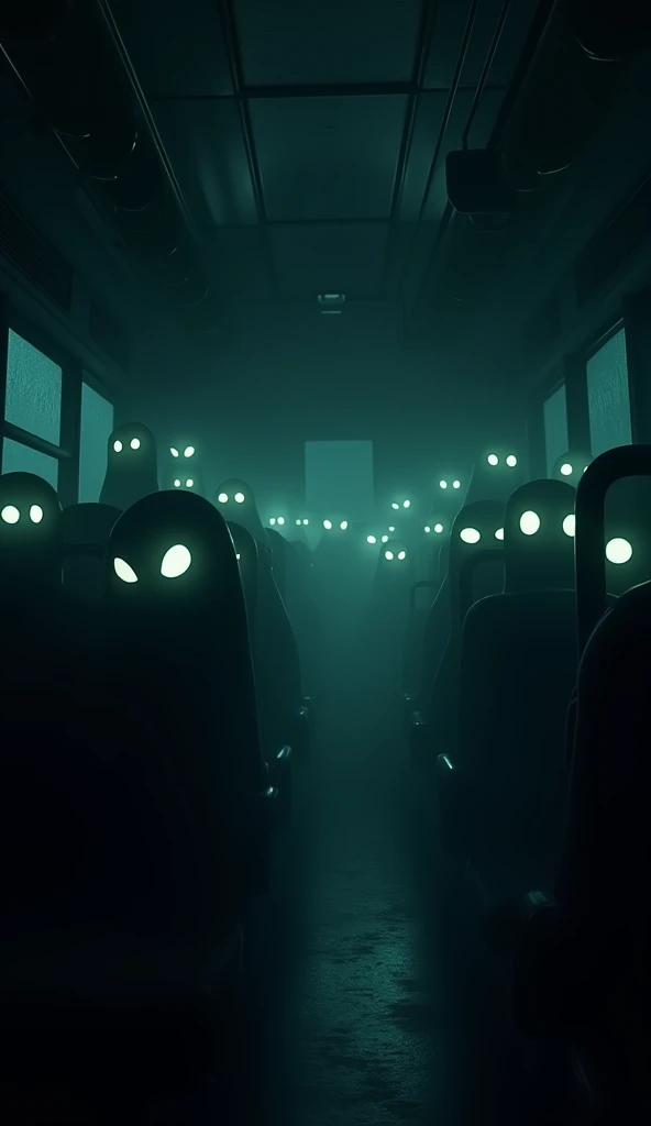 Disney Pixar style ( The entire train is now in darkness. The only thing visible is the faint glow of hollow, ghostly eyes scattered across the scene, all staring at the viewer.