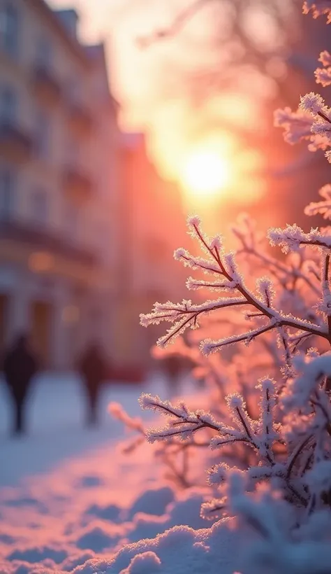  has an orange-pink gradation throughout、透明の雪の結晶❄️、Very beautiful、Blur a European city in the background 、 IMAGE AS PICTURED HIGH RESOLUTION, Aperture value F16, 