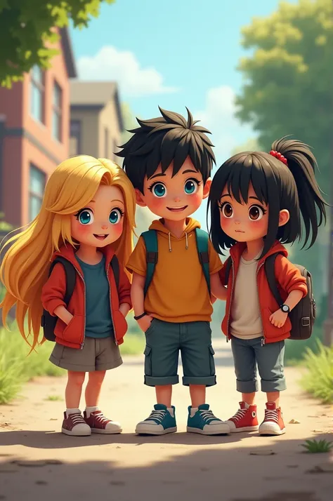 Three nine-year-old friends 
A girl with long blonde hair, a boy with blue eyes, a girl with short black hair and a tough look 