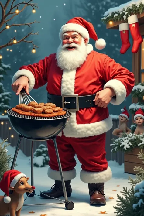 Create a picture of Santa Claus with a barbecue in his hands