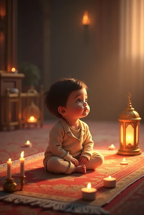 I want a picture of a one-year-old  sitting on the ground 
 It has a prayer mat with candles around it and there is a lantern-holder 