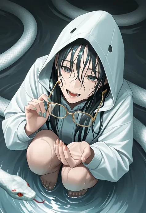 1 girl, Alone, snake ,/(feel/), long hair, Love, glasses, holding glasses,  open the mouth, white jacket,hood up, , wet hair ,squatting, , Nail ,  tabs ,  from above, happy