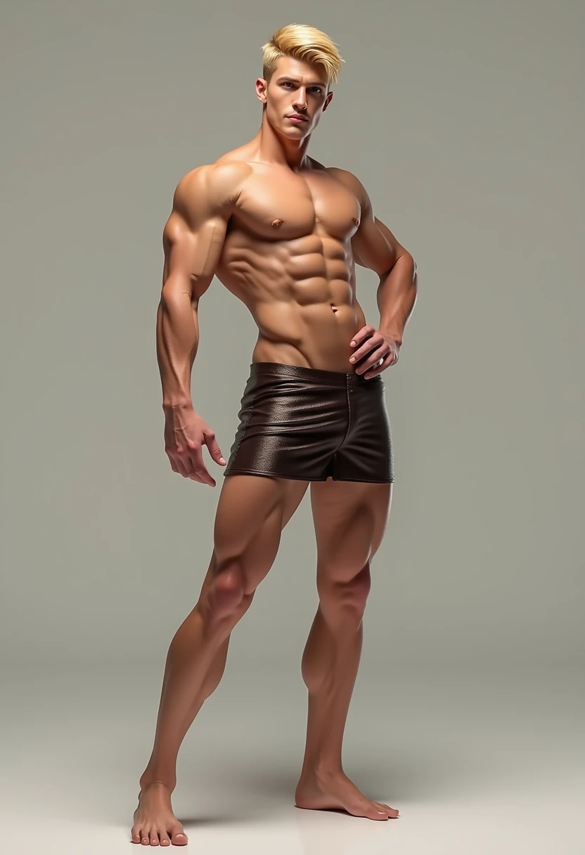 A blonde male wears a short dress and poses in a sexy pose